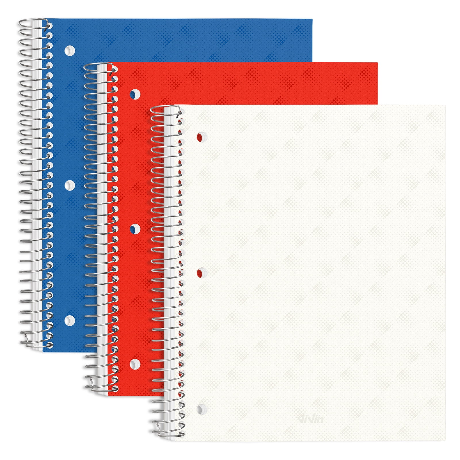 ViVin 5 Subject Notebook with Water Resistant Cover and 4 Removable Dividers, College Ruled, 200 Sheets, White, Red, Blue 3 Pack