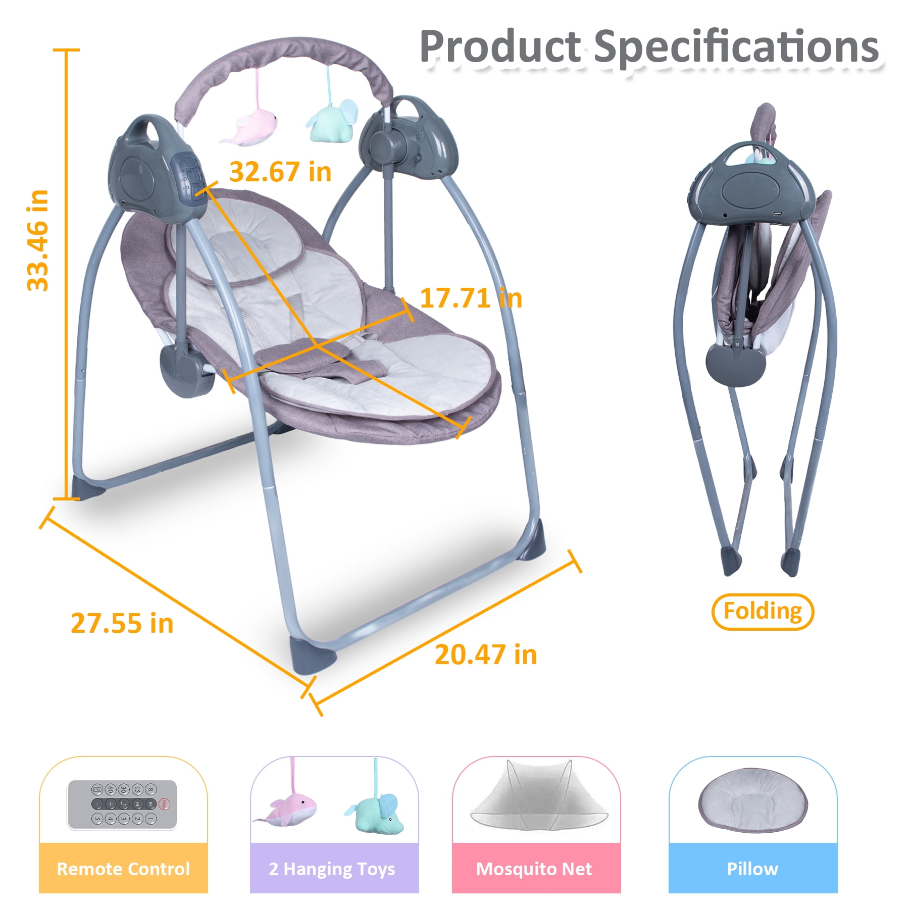RICHYOUNG Folding Baby Swing for Infant,Bluetooth Music,Remote Control,5-Speed Baby Bouncer(Gray)