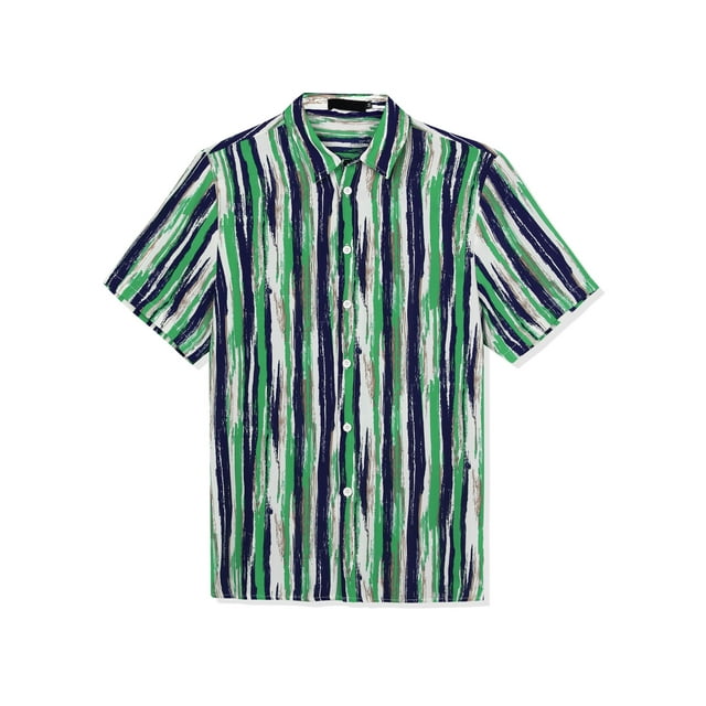 INSPIRE CHIC Chemise pour Homme à Rayures Verticales, Boutonnée, Col Pointu, Manches Courtes, Chemise S Vert Bleu