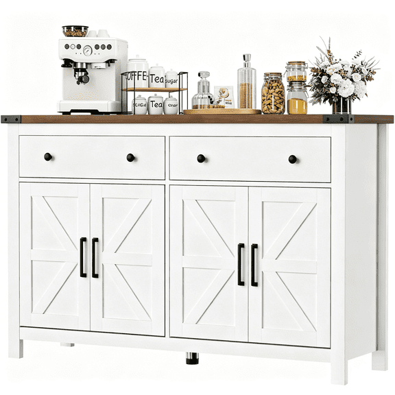 VVFLU 55" Sideboard Buffet Cabinet with Storage, Coffee Bar with Barn Doors, Farmhouse White,Kitchen