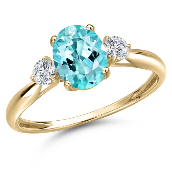 Gem Stone King 10K Yellow Gold Blue Apatite and Lab Grown Diamond 3-Stone Ring for Women | 1.42 Cttw | Oval 8X6MM | Gemstone Birthstone | Size 9