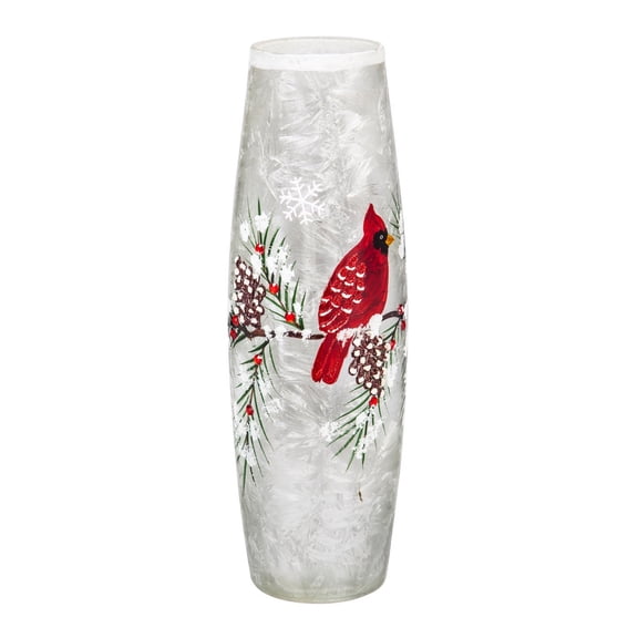 Evergreen Glass Handpainted Cardinal and Pinecones LED Cylinder, 3.9'' x 3.9'' x 11.8'' inches