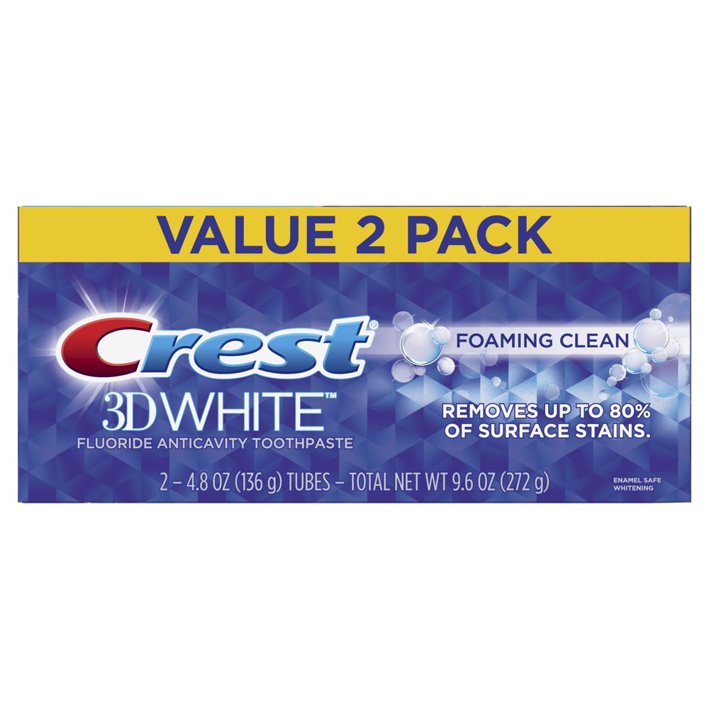 Crest 3D White Foaming Clean Whitening Toothpaste, 4.8 oz, Pack of 2