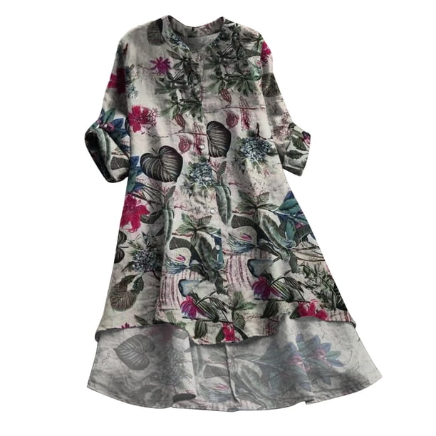 Mujeres Casual Lino Suelto Impreso Botón Manga Larga Camisa Larga Blusa Tops Fridja hj136