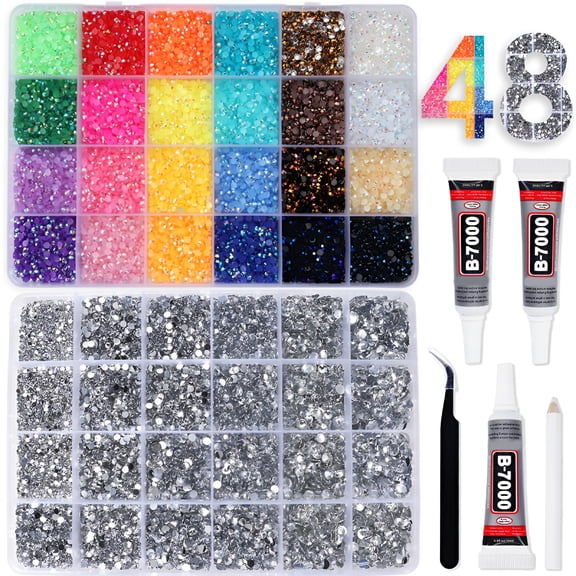 TUWAFE 2 Boxes Rhinestones for Bedazzling Kits, Multicolor 3Mm & Silver Clear 2/3/4/5/6Mm Resin Flatback Gems for Diamond Art, Bedazzler Kit with 3Pcs 10Ml Jewelry Glue for Diy Crafting Crafts Decor