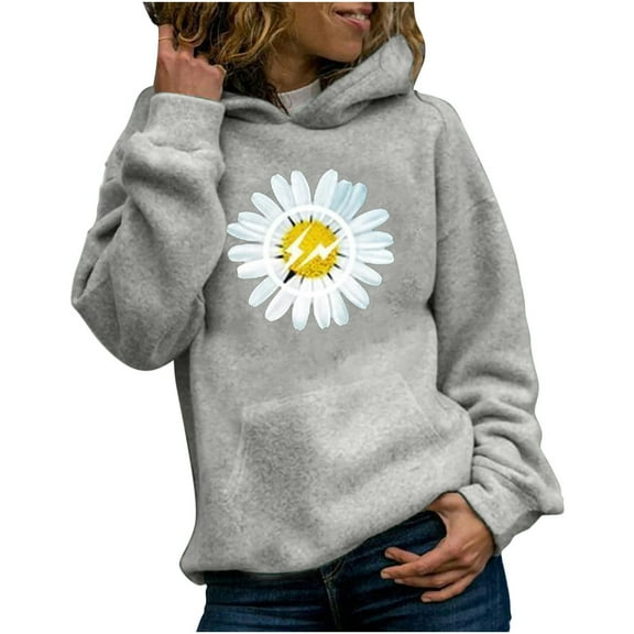 IROINNID Women's Long Sleeve Hoodie Mid-Length Print Stylish Jumper Tops Sunflower Sweatshirt Sweater, Gray