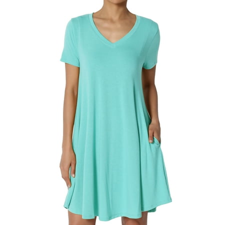 - TheMogan Women's PLUS Short Sleeve V-Neck Draped Trapeze Pocket Short Tunic Dress