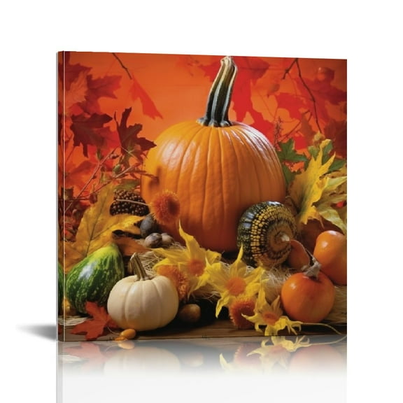 JRXY Canvas Print Wall Art Autumn Leaves Happy Thanksgiving Pumpkin Yellow Fall Themed Painting Stretched and Framed 12x12 in