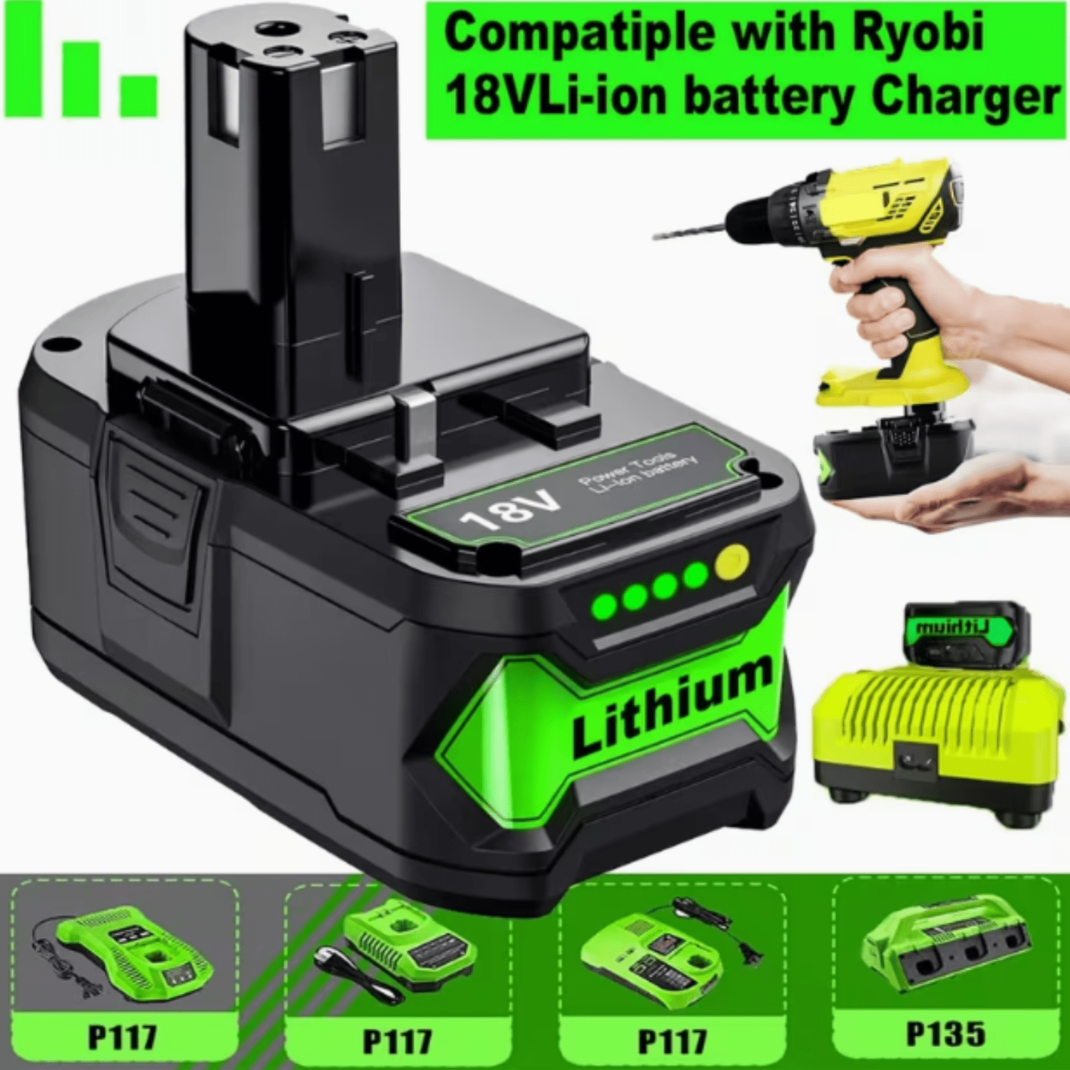 18Volt 8.0Ah Replacement for Ryobi 18V Lithium Battery Ultra-High Capacity Compatible with Ryobi ONE+ 18V Battery P102 P103 P104 P105 P106 P107 P108 (2Pack)