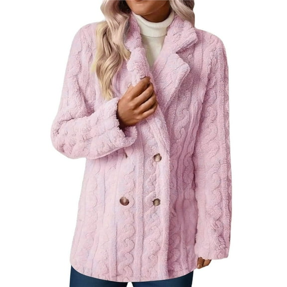 Women's Plush Coat Comfortable Casual Warm Suit Collar Double-Breasted Mid-Length Coat Pink XXL