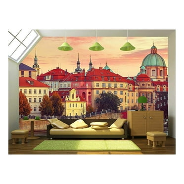 wall26 - Sunset Roof House Old City Autumn Prague Czech Republic - Removable Wall Mural | Self-Adhesive Large Wallpaper - 100x144 inches