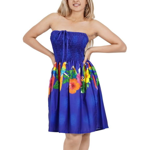 HAPPY BAY Women's Summer Boho Beach Smocked Mini Flowy Dress Tube Top Strapless Dresses for Women One Size Leaves, Blue