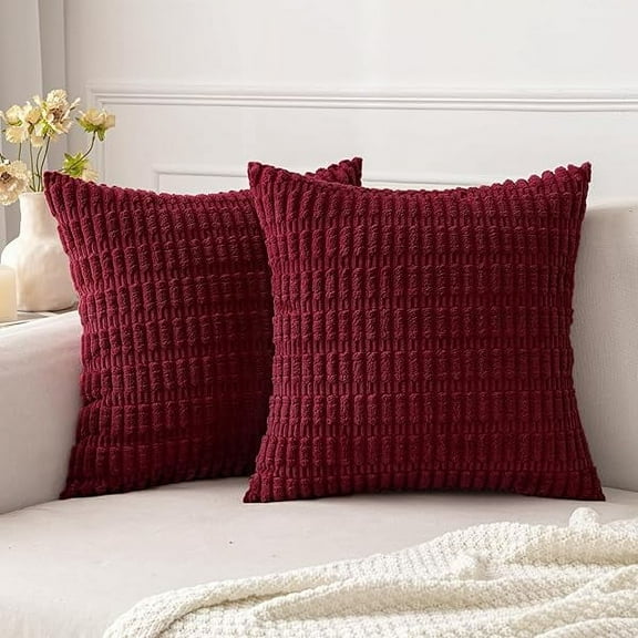 Pack of 2 Burgundy Corduroy Decorative Pillow Covers 18x18 Inch Soft Boho Striped Throw Pillow Covers Modern Farmhouse Home Decor for Sofa Living Room Couch Bed