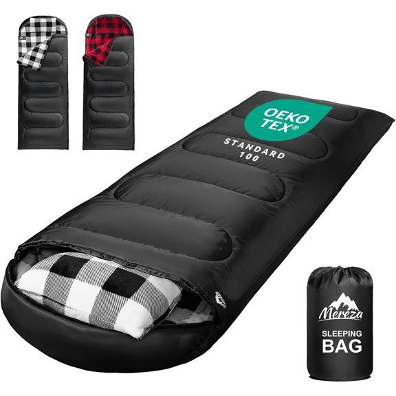 Flannel Sleeping Bag for Adults Mens with Pillow, XL Cold Weather 30 Degree 4 Season Camping Large Big and Tall Bags Compression Sack