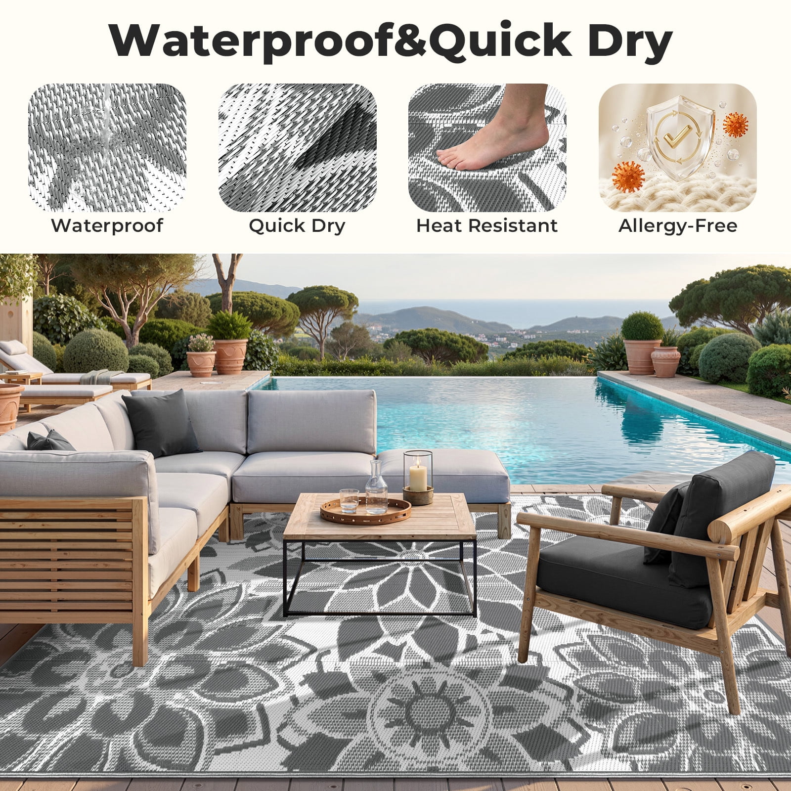 Findosom Outdoor Rug 5'x8' Reversible Waterproof Outdoor Patio Rug Mat Plastic Straw Rug Outdoor Area Rug Patio Camping Rug for RV Picnic Balcony Backyard Beach Outdoor Decor,Gray