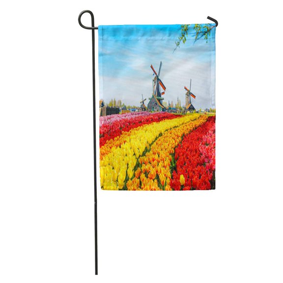 SIDONKU Landscape Tulips Traditional Dutch Windmills and Houses Near The Canal Garden Flag Decorative Flag House Banner 28x40 inch