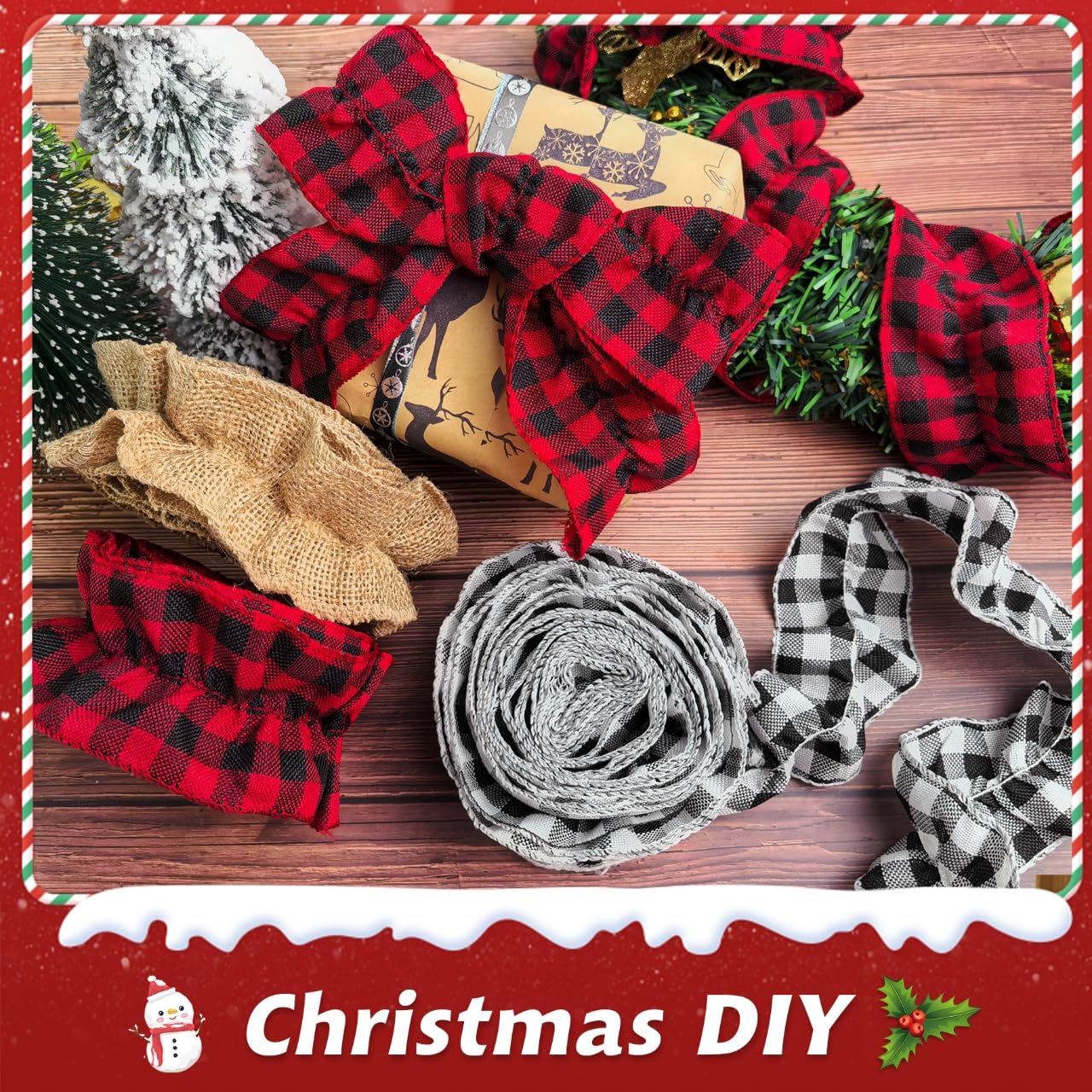 2 Rolls Christmas Tree Ribbon Garland Buffalo Plaid Christmas Decorations, Buffalo Check Fabric Tree Ribbon Garland for Xmas Holiday Home Decor(White & Black, 2.45in x 26.9ft)