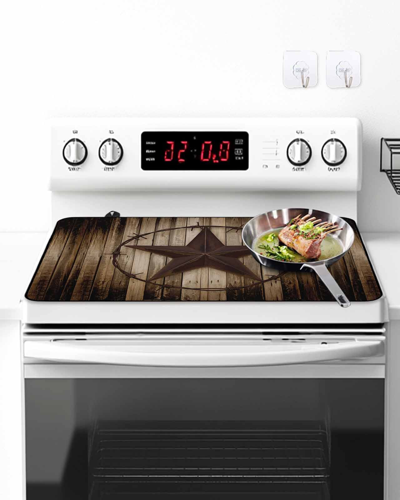 Stove Top Covers for Electric Stove, Western Star Retro Glass Stovetop Cover Protector, Vintage Brown Wood Barn Induction Cooktop Protector Oven Mat for Kitchen Countertop 24"x21"