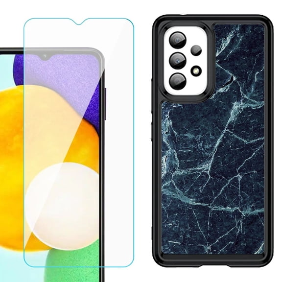 Shockproof Bumper (Black Frame) phone Case for Samsung Galaxy A23 5G, with Tempered Glass Screen Protector, by OneToughShield ® - Marble / Blue