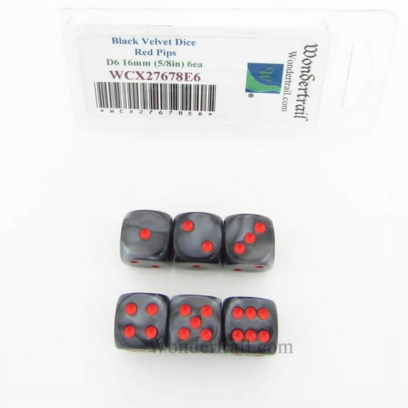 Black Velvet Dice with Red Pips 16mm (5/8in) D6 Set of 6 Wondertrail
