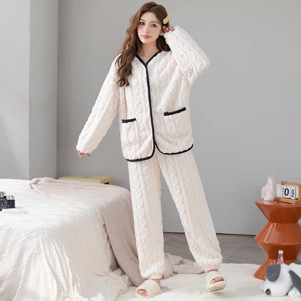 Conjunto de pijama de terciopelo coral para primavera y verano, ropa de hogar de polar abierto de manga larga de franela jacquard 3D