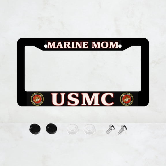 Marine MOM USMC Design License Plate Prame Aluminum Rust-Proof Auto Parts License Plate Decorative Screws Fit Standard 2 Holes 1 U.S. License Plate, 12.2x 6.3 Inch