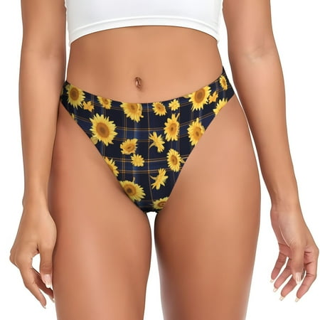Qokaie Royal Blue Plaid Sunflower Printed Women s Cotton Thong Underwear  Sexy Breathable Panties G-string -3X-Large