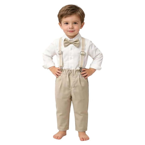 Baby Boy Outfits Solid Print Lapel Long Sleeve Shirt Top And Suspenders Trousers Belt 3 Piece Wedding Boys' Clothing Sets Size 5-6 Years