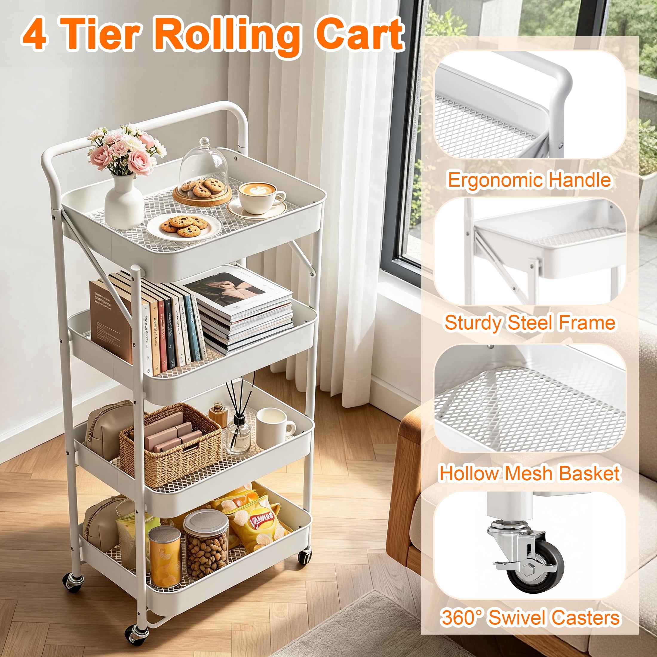 CISILOV 4-Tier Foldable Rolling Storage Cart, Mobile Utility Cart with Wheels & Handle, Metal Mesh Organizer Cart for Kitchen, Bathroom, Living Room, Bedroom, White
