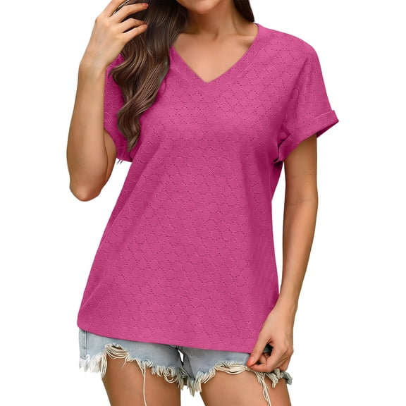 RYRJJ Womens Tops Summer Loose V-Neck Eyelet T-Shirts Dressy Casual Roll-Up Short Sleeve Tunic Blouses(Hot Pink,L)