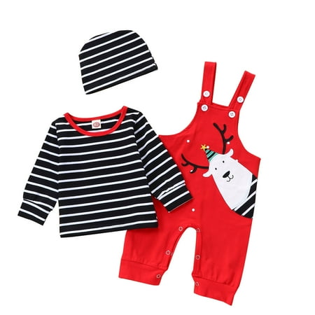 

Stamzod Toddler Boys Christmas Clothes Cotton Stripe Elk Pattern Print Long Sleeve Hat Overalls Suit Xmas Outfit Girls Autumn Clothing 0-18Months On Clearance