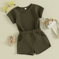 thumbnail image 4 of AJTQTH 2PC Set for Toddler Summer Casual Waffle Knitted Clothes Short Sleeve Crewneck Tees Tops Tshirts Elastic Loose Fit Shorts with Pockets Girls Boys Outfits Green 2 Years, 4 of 8