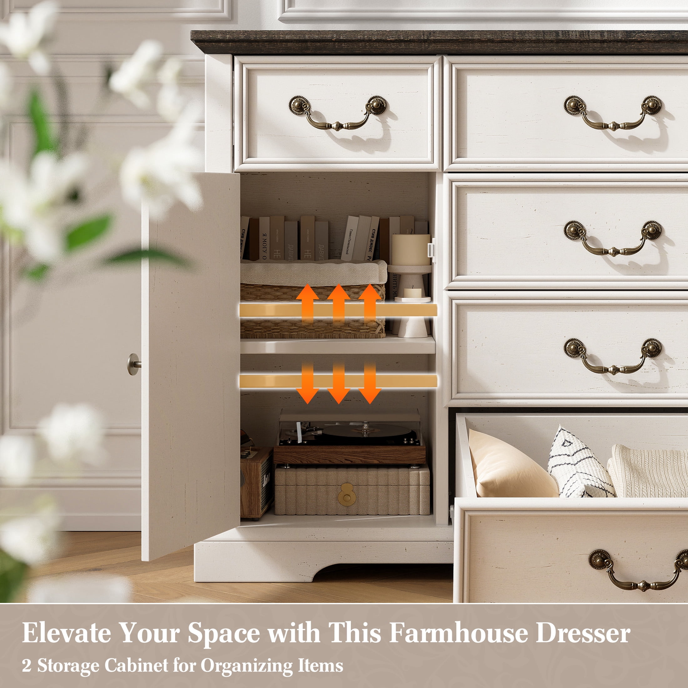EnHomee 6 Drawers Dresser with Barn Door,Wooden White Dressers for Bedroom,Chest of Drawers for Living Room Entryway Hallway,47.2" Wx33.5 H x15.7 D