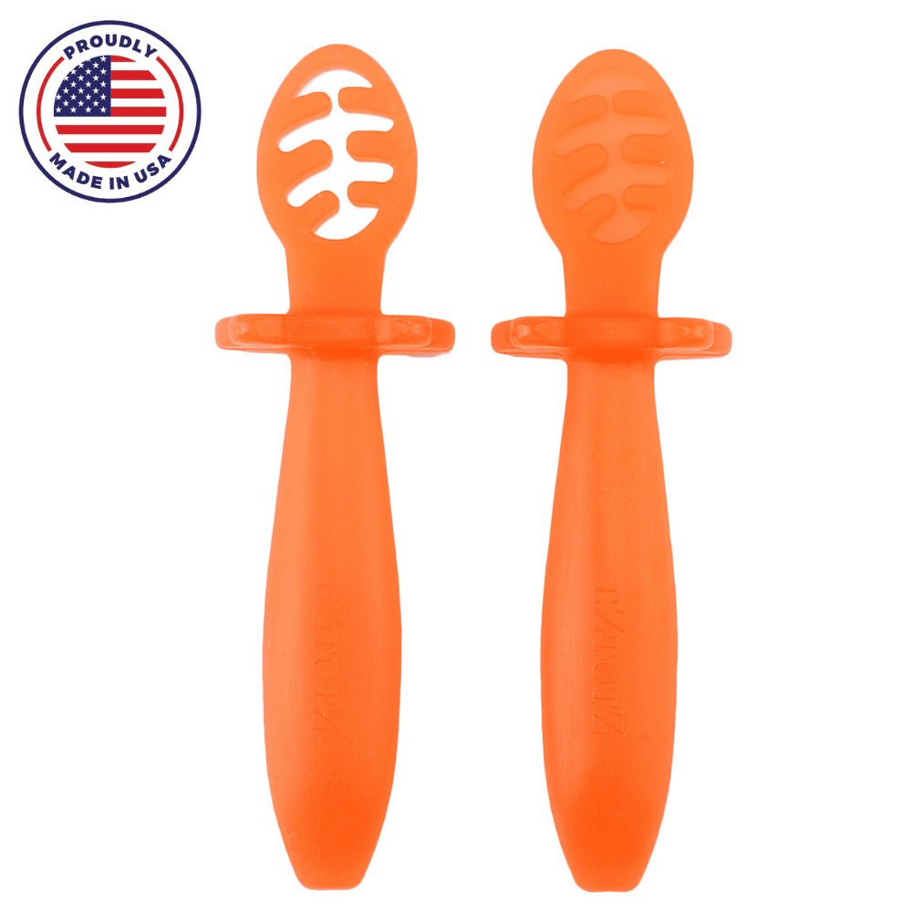 eZtotZ Little Dippers Stage One Starter Spoon Made in USA 100% Silicone Teether and First Learning Spoon (Orange)