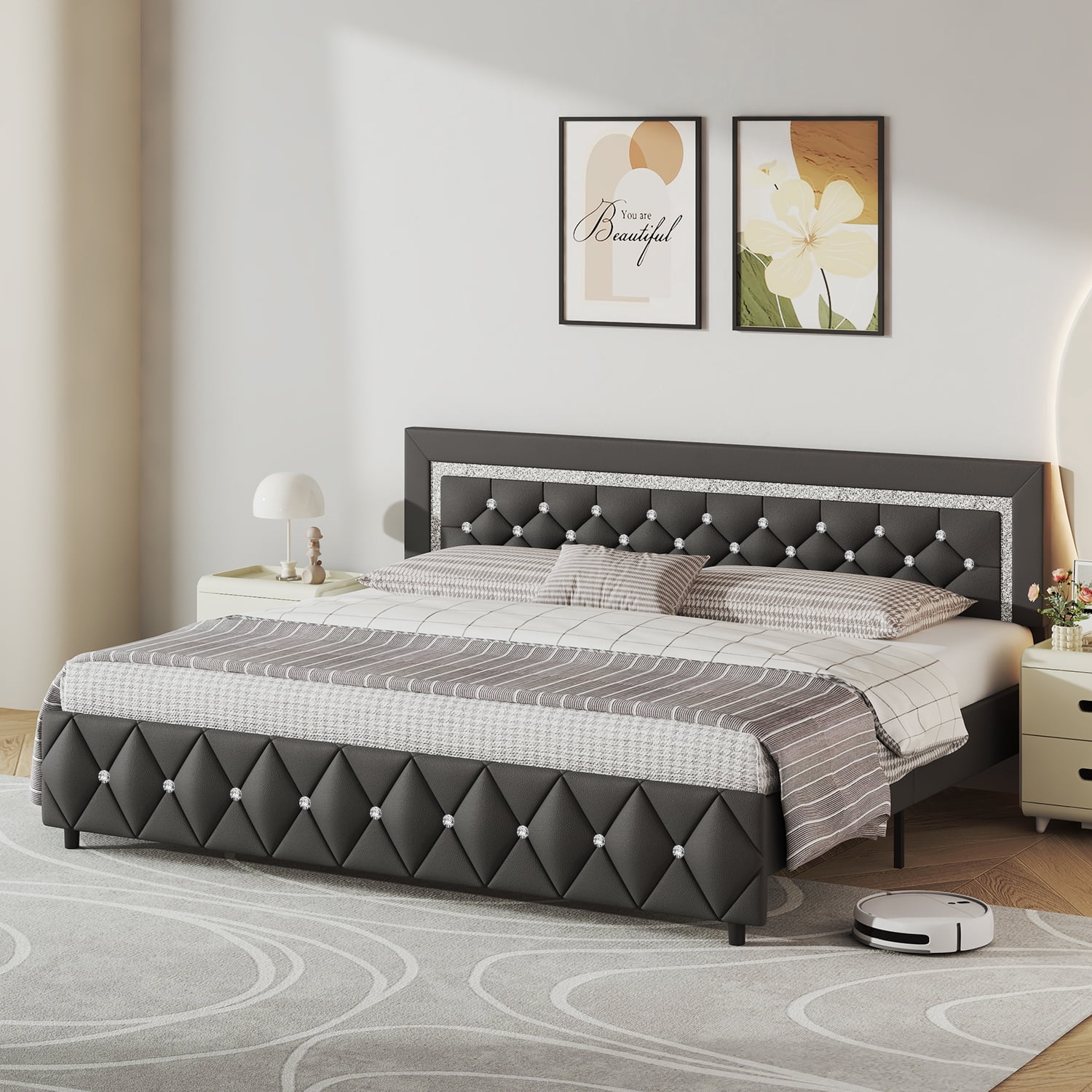 4 EVER WINNER King Bed Frame, Upholstered Platform Bed Frame with Headboard and Footboard, Diamond Headboard and Footboard Design, Gray