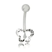 AVORA 10K White Gold Open Butterfly 0.02 CT Genuine Diamond Belly Button Ring Body Jewelry (14 Gauge)