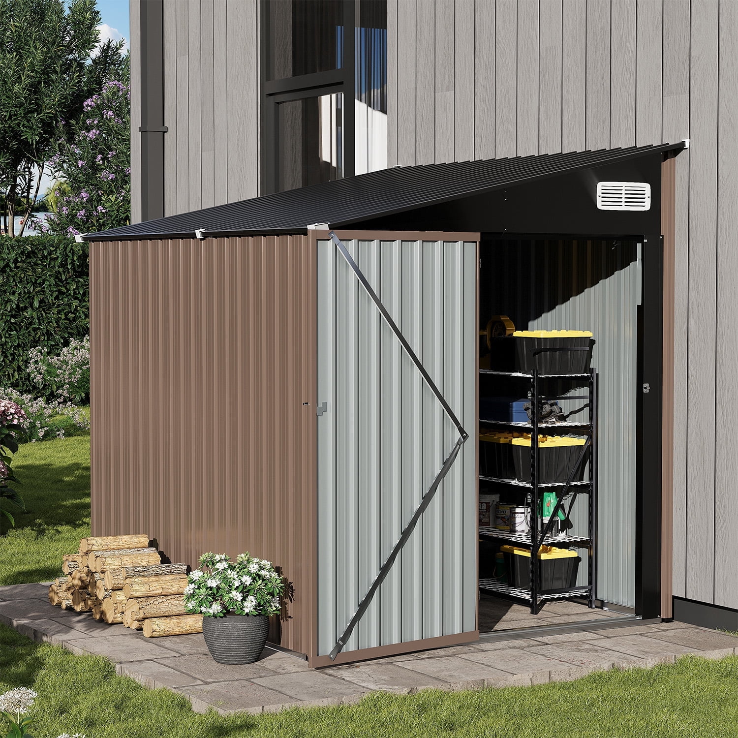 LazySunsets 8 x 6 ft Lean to Storage Shed, Outdoor Metal Storage Cabinet with Vent for Patio, Brown