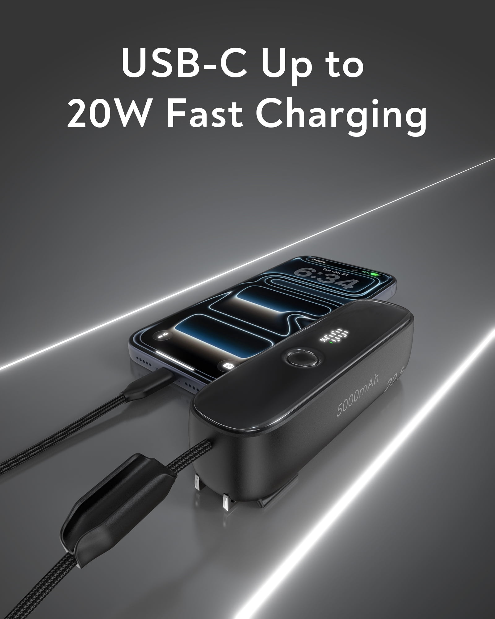 TOPADRE 22.5W Power Bank, 5000mAh Portable Charger with Built-in USB-C Cable, Foldable Plug, Dual Type-C Ports, Black