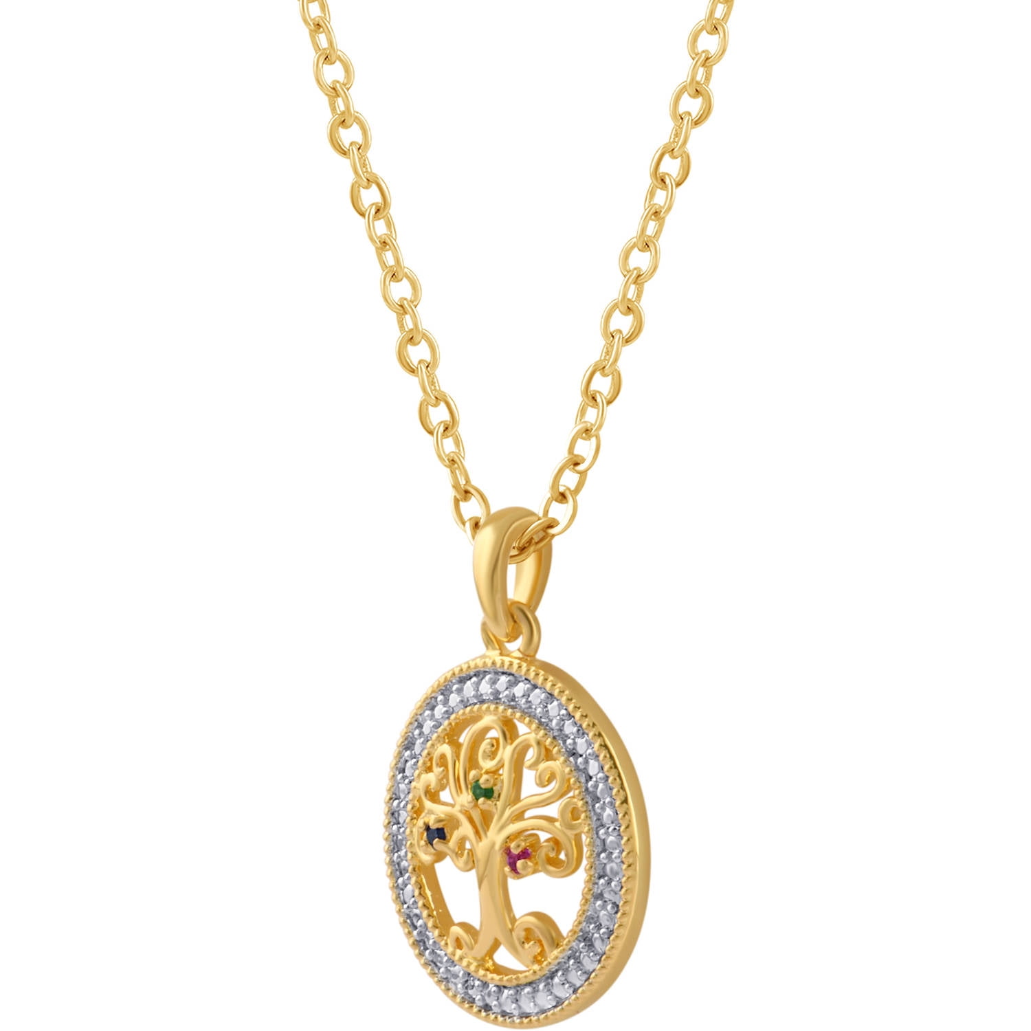 Gemstone Accent Gold Tone Birthstone Tree of Life Circle Pendant, 18" Chain