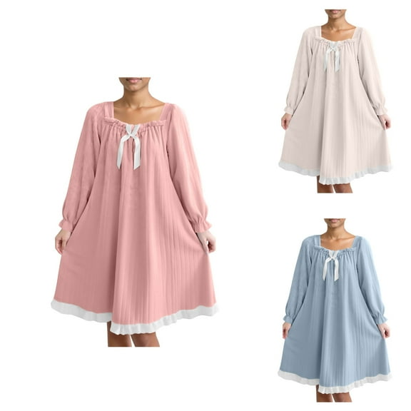 SROBPTY Womens Sleepwear, Nightgowns for Women, Women's Casual Warm Flannel Bow Long Sleeve Midi Nightgown Home Sleepwear Pink,L