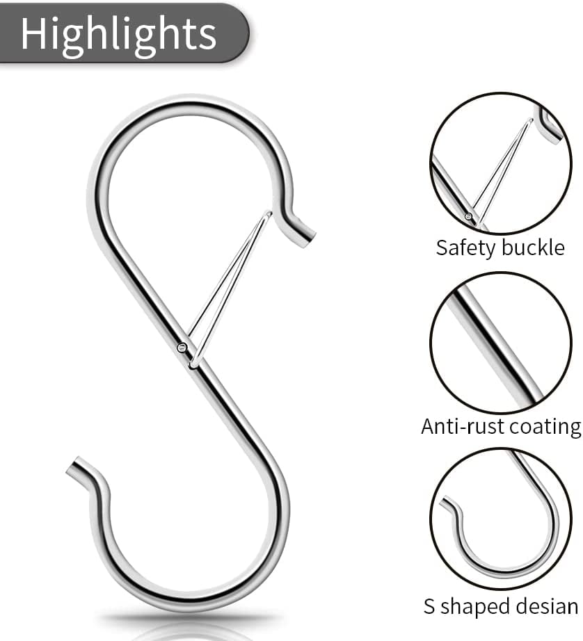 BestS Hooks with Safety Buckle 3.4 Inch Heavy Duty Max 40 Lbs Rack Hooks  Stainless Black Metal Hanging Hooks for Pans Pots Kitchenware Mugs Towels  Handbags Clothes Plants (16packs with Buckle) 