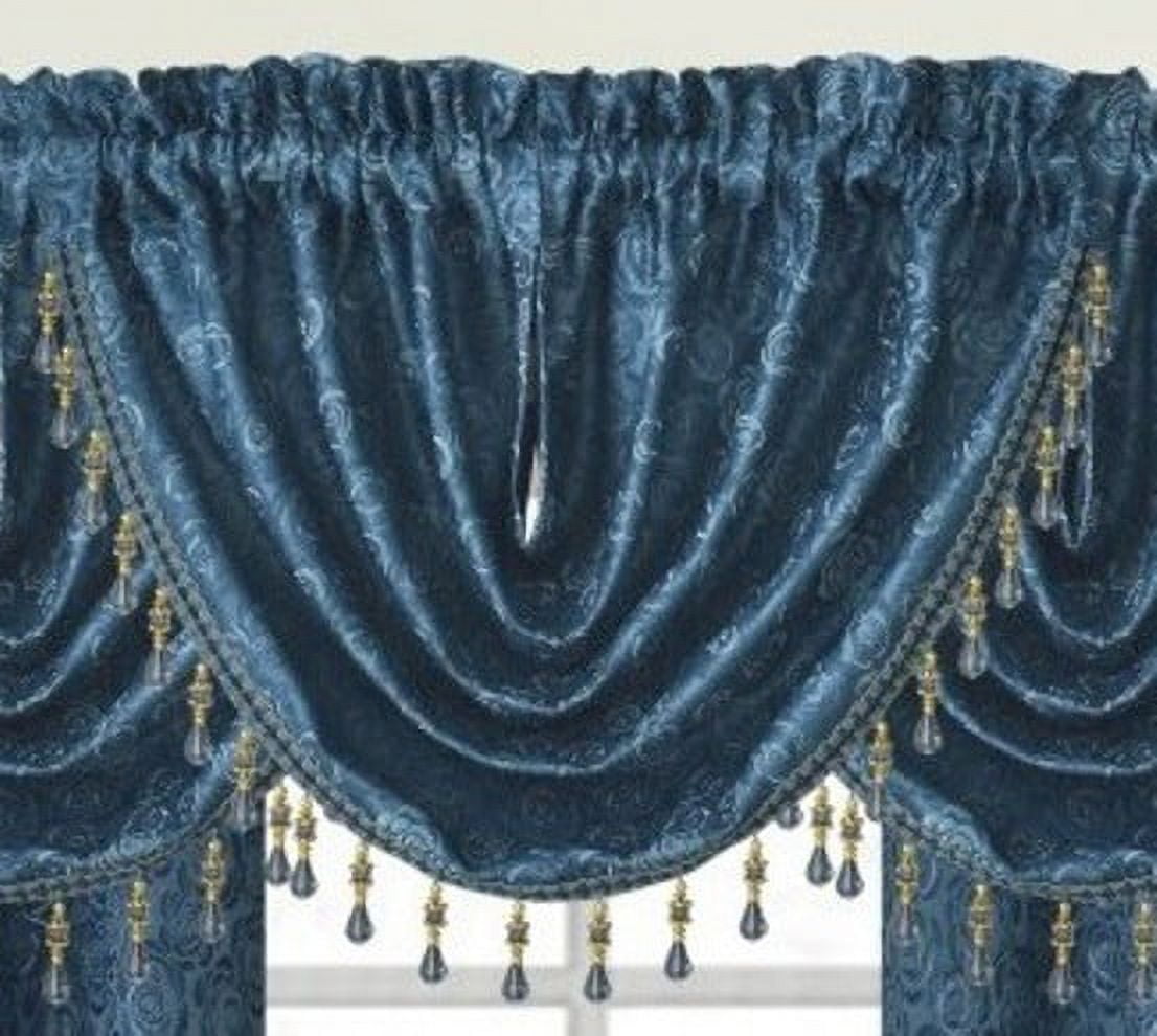 Luxury Home Textile Modern Blue Damask Rod Pocket Light Filtering Kitchen Curtain Sets, 54 x 84 in