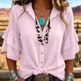 thumbnail image 6 of ClodeEU Women's Linen Blend Button 3/4 Sleeve Shirt with Tiered Ruffle ,Solid Color Casual Blouse Pink,Women's Plus XL, 6 of 7