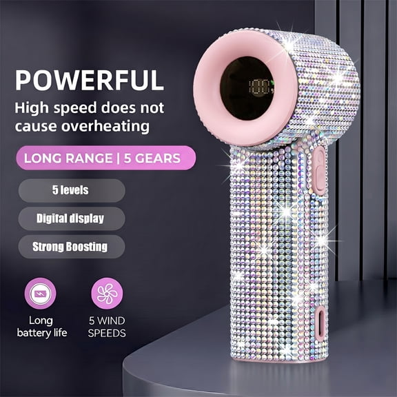 Luxury Bling Handheld Fan with LED Display, Diamond Portable Mini Fan, 5 Speeds USB-C Rechargeable Personal Fan, Colorful Diamond-Pink