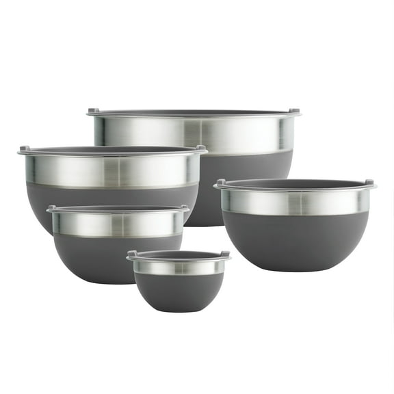 Tramontina 10-Piece Stainless Steel Mixing Bowl Set with Lid, High Wall with Gray Silicone Sides, Dishwasher Safe
