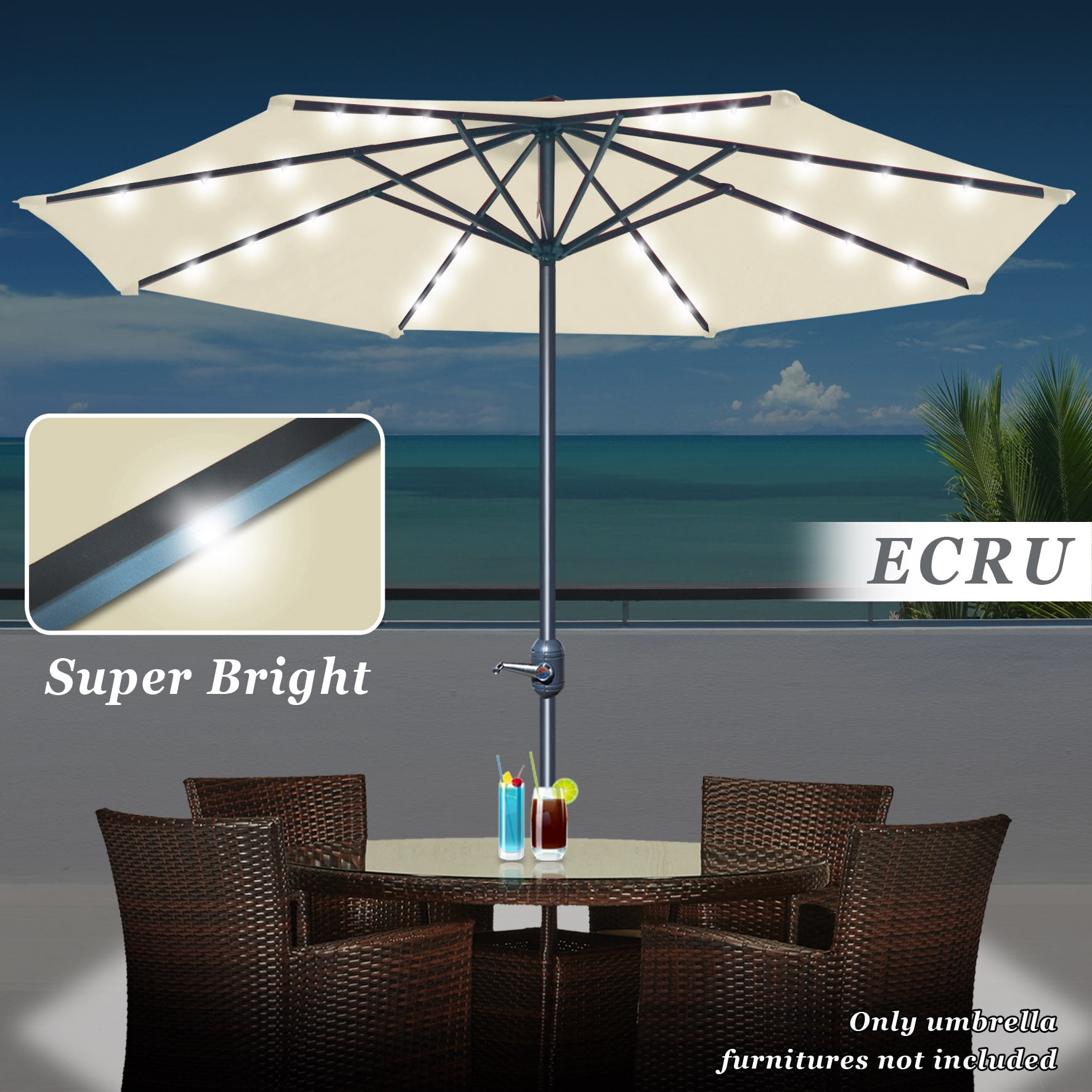 Sunny 9' Aluminum Solar Powered Patio Umbrella 24 LED Light Parasol Sunshade with Crank (Ecru)