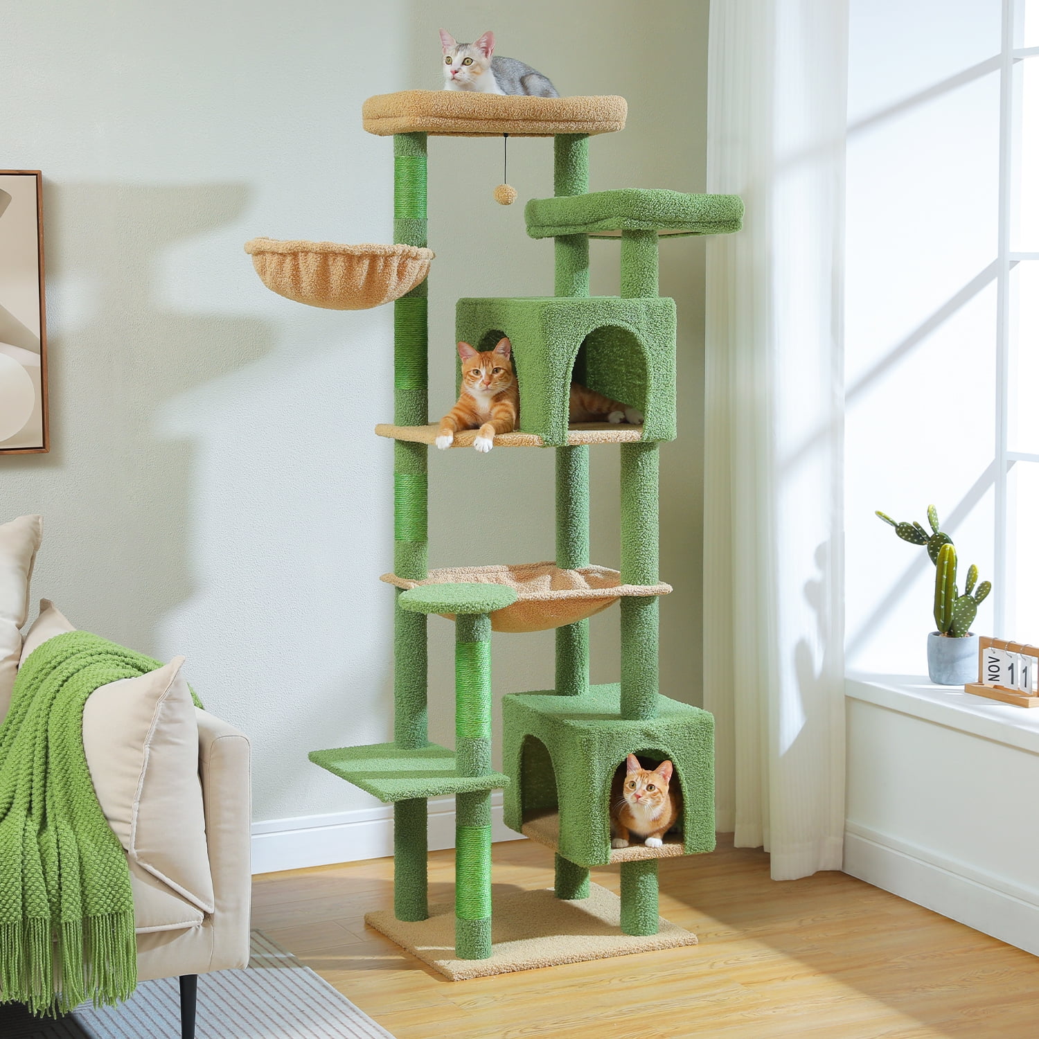 PEQULTI 69" Multi-Level Cat Tree Indoor Cat Tower for Adult Cat with Scratching Post & Hammock Green