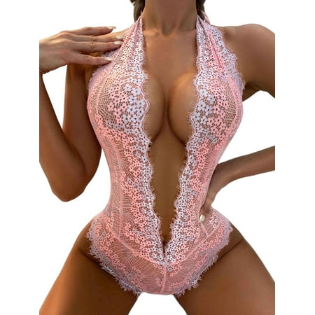 Women s Lingerie Entice Sex Lace Hollow See-Through Halter Sex One Piece Babydoll Bodysuit