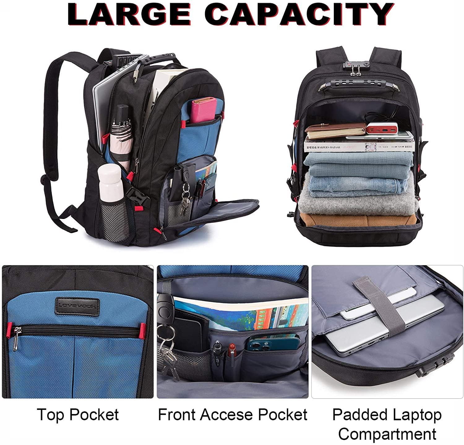 Lovevook Men Travel Backpack, Waterproof Laptop Bag 17", Anti-Thelf Work Bag College Book Bag Teacher Backpack with Lock