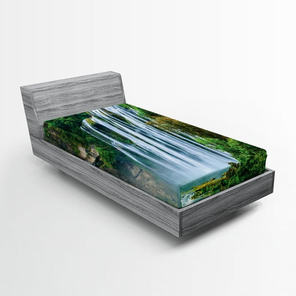 Ambesonne Landscape Fitted Sheet, Green Botanic Nature, Twin XL Size, Green and White